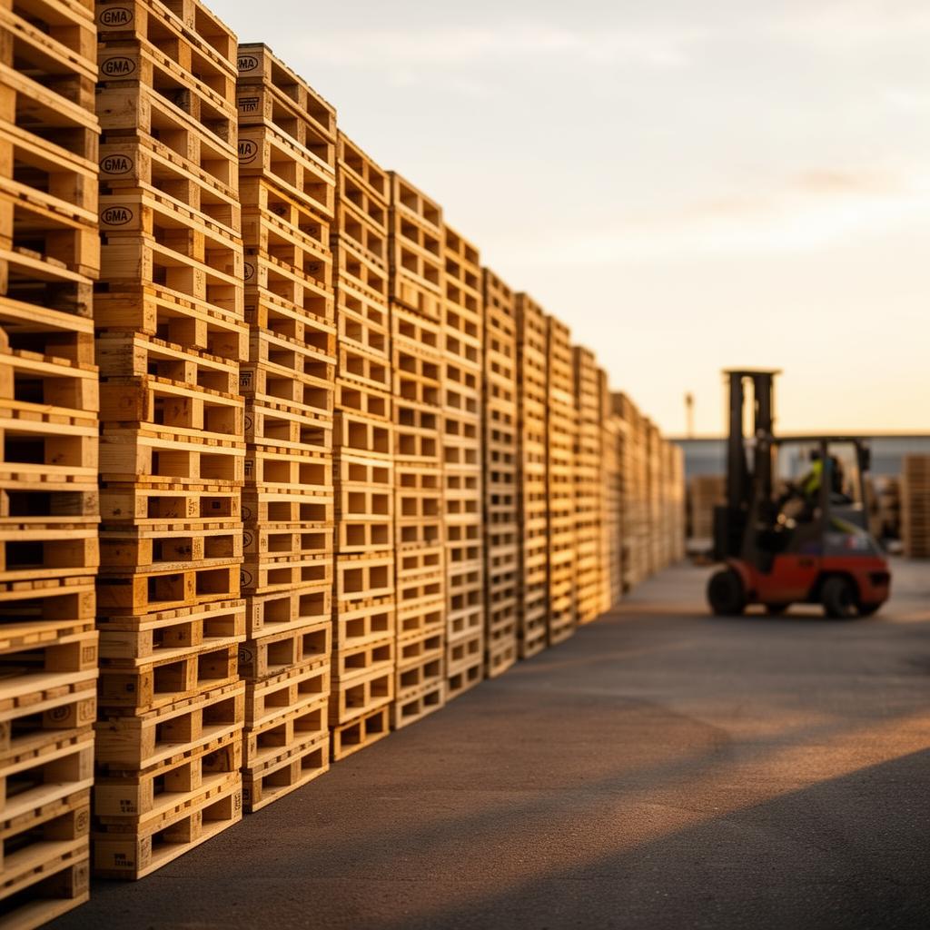 Pallet Supply yard with stacked GMA pallets ready for delivery.